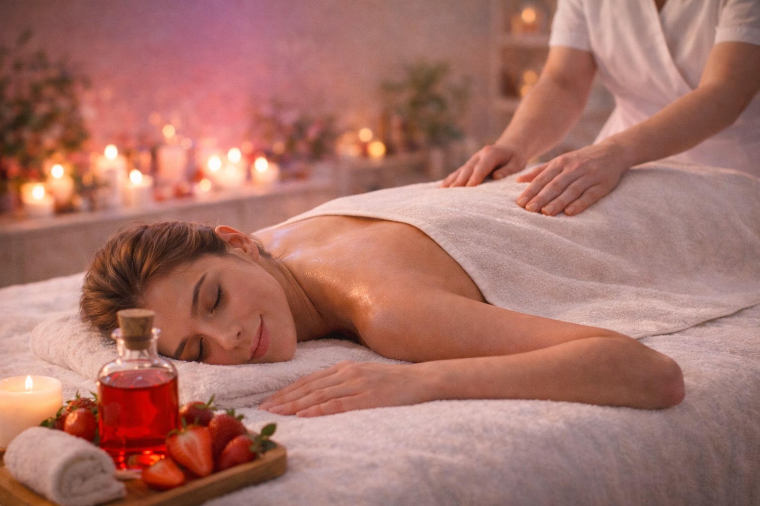 Antistresa masāža visam ķermenim ar zemeņu aroma eļļām
